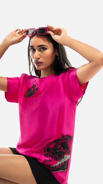 T-Rex Pink Satin Silk T-shirt